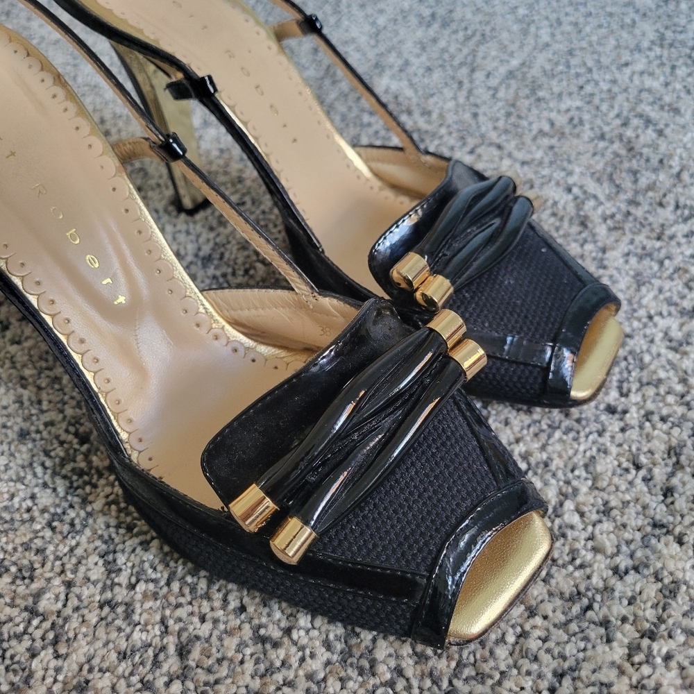 Robert Robert Black and Gold Slingback Leather  Peep Toe Heels Sz 7 US Euro 38 - Picture 9 of 10